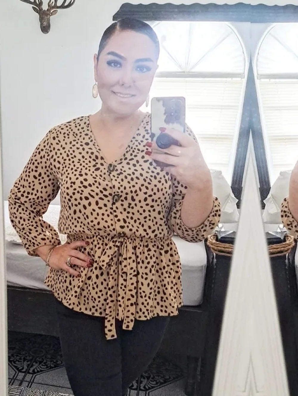 Woven Tie-Waist Animal Print Blouse - Beige/Cheetah